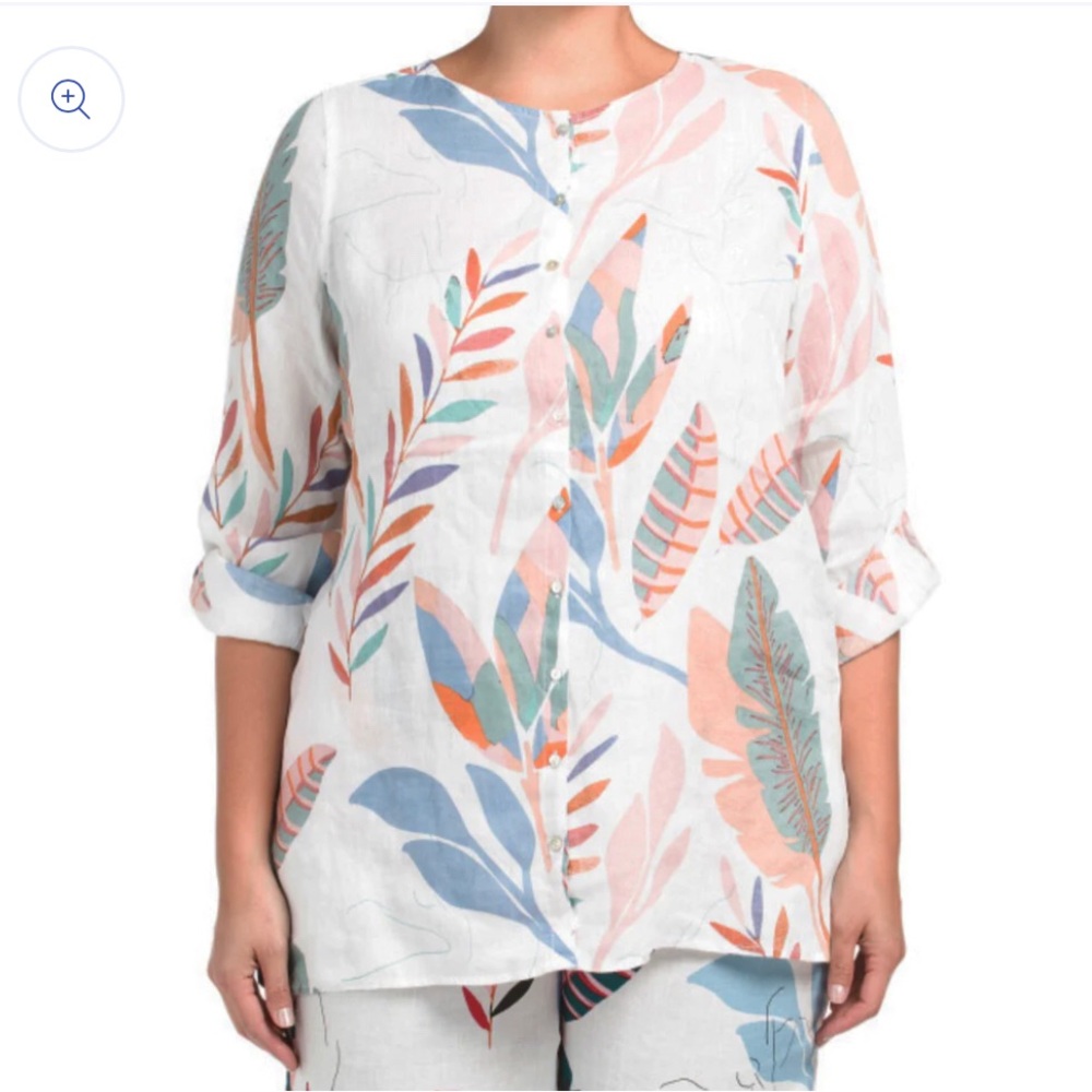 Cynthia Rowley 1X Plus Linen Tropical Floral Print Button Front Tunic Top